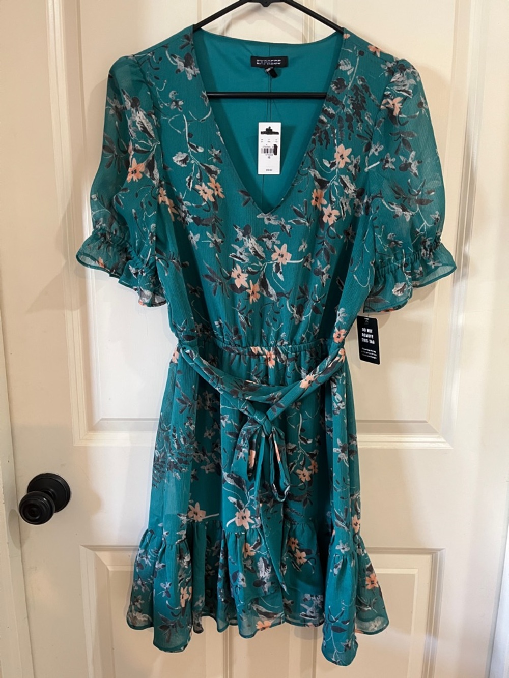 City Studios Teal Floral V-Neck Tie-Waist Mini Dress